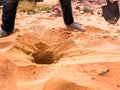 Man digging a hole in the desert with a shovel Royalty Free Stock Photo