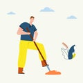 Man digging shovel earth, farmer works on farm