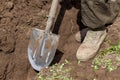 A man digs a hole with a shovel on a farm Royalty Free Stock Photo