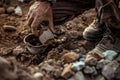 A man is diligently digging into the dirt with a shovel, revealing layers of history buried beneath the surface during Royalty Free Stock Photo