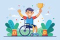 A man with a disability in a wheelchair proudly holds a trophy, Disabled winner Customizable Disproportionate Illustration