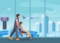 Man with disabled woman walking to board a plane.