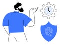 Man Discussing Time Management and Digital Security with Clock Gear and Shield Fingerprint Icons Royalty Free Stock Photo