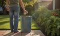 Man disposing aluminum can into a recycle bin outdoors at garden Royalty Free Stock Photo