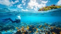 Man diving through Beautiful Coral reef with lots of fish in the sea underwater AI generated Royalty Free Stock Photo