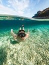 man in diving mask snorkeling in sea water