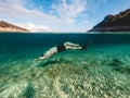 man in diving mask snorkeling in sea water