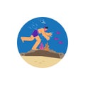 Man in diving mask swimming in sea and observing coral reef, snorkeler watching marine fauna, scuba cartoon vector round