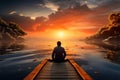 The man on the dock is enthralled by the oceans sunset Royalty Free Stock Photo