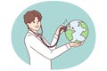 Man doctor applies stethoscope to globe demonstrating care for ecology and nature. Vector image