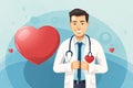 Man doctor cardiologist holding red model of heart. Medicine or cardiology concept