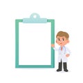 A man doctor character with blank clipboard text box speech illustration vector cartoon design on white background. Medical