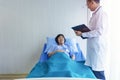 Man doctor checking pressure of female patient, Older sick woman patient lay on bed in hospital with intravenous normal saline