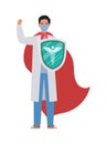 Man doctor hero with cape and shield against 2019 ncov virus vector design