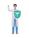 Man doctor hero with shield against 2019 ncov virus vector design