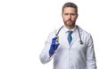 Man doctor holding medical syringe. Medic prepared injection syringe Royalty Free Stock Photo