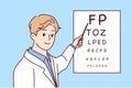 Man doctor holds out pointer to poster with letters for checking eyesight of patients. Vector image