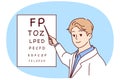 Man doctor holds out pointer to poster with letters for checking eyesight of patients. Vector image