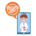 Man doctor inside smartphone and hands shake forbidden vector design