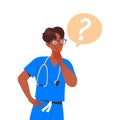 Man Doctor or Practitioner in Blue Uniform with Stethoscope Thinking Engaged in Medical Examination Vector Illustration