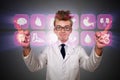 The man doctor pressing buttons with various medical icons Royalty Free Stock Photo