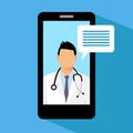 Man doctor with stethoscope on the screen, concept of online diagnostics, vector illustration in flat style.