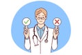 Man doctor with stethosop around neck demonstrates signs with check mark and cross. Vector image