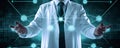 Man doctor in white coat, hands hovering over a symbol design, data visualization, blue green background. AI generated Royalty Free Stock Photo