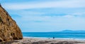 Man and dog on the beach near a steep rocky hill