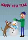 Man and dog building a snowman in the snow, funny vector postcard Royalty Free Stock Photo