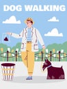 Man with dog cleaning up excrements after pet, cartoon vector illustration.