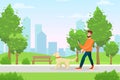 Man with dog flat vector illustration. Morning stroll, summertime city recreation, leisure in park. Guy walking pet Royalty Free Stock Photo