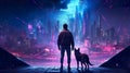 man with dog friend in big dark cyberpunk city, blue and purple, generative AI