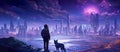 man with dog friend in big dark cyberpunk city, blue and purple, generative AI