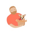 Man with the dog in gift box. Vector illustration