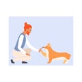 Man and dog give high five, pet owner training cute puppy trick Royalty Free Stock Photo