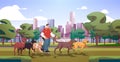 man dog handler walks with pets in urban park best friends domestic animals walking service volunteering pet care Royalty Free Stock Photo