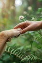 man and dog handshake with hand and paw, trust and friendship of human and animal Royalty Free Stock Photo