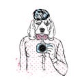 A man with a dog head. The dog is a hipster in a stylish shirt, with a fashionable hairstyle and a camera. Fashion and Style.