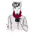 A man with a dog head. The dog is a hipster in a stylish shirt, with a fashionable hairstyle and a camera. Fashion and Style.