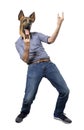 Man in Dog Mask Showing Rock and Roll Sign on White Background