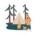 Man with dog relax at camping during hiking tourism vector flat illustration. Travel male at forest with campfire and