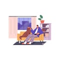 Man and dog relaxing at home, sitting on sofa, watching TV with remote control. Happy person and pet resting on couch on