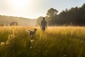 Man with dog running through summer meadow. Generative AI Royalty Free Stock Photo