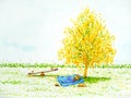 Man, dog sleeping under yellow tree flower floral bright sky