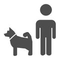 Man and dog solid icon, domestic animal concept, dog walking sign on white background, person walking pet icon in glyph