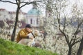 Man with dog in spring public park