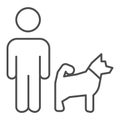 Man and dog thin line icon, domestic animal concept, dog walking sign on white background, person walking pet icon in