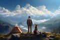 A man with a dog is traveling in the mountains. Beautiful mountain landscape, a camping place with a tent Royalty Free Stock Photo