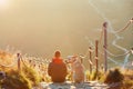 Man with dog on the trip in the mountains Royalty Free Stock Photo